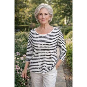 Norm Thompson Women's Prima Brown White Striped Knit Top 3/4 Sleeves Medium